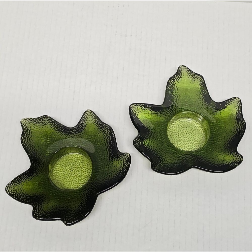 HALLMARK SUMMER AUTUMN MAPLE LEAF TEA LIGHT CANDLE HOLDERS GREEN GLASS